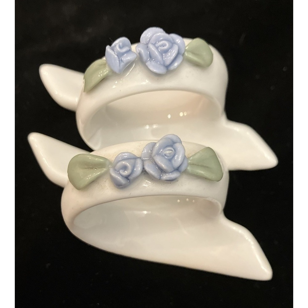 Vintage White Bone Porcelain China Napkin Holders Blue Flower Set of 2 Elegant